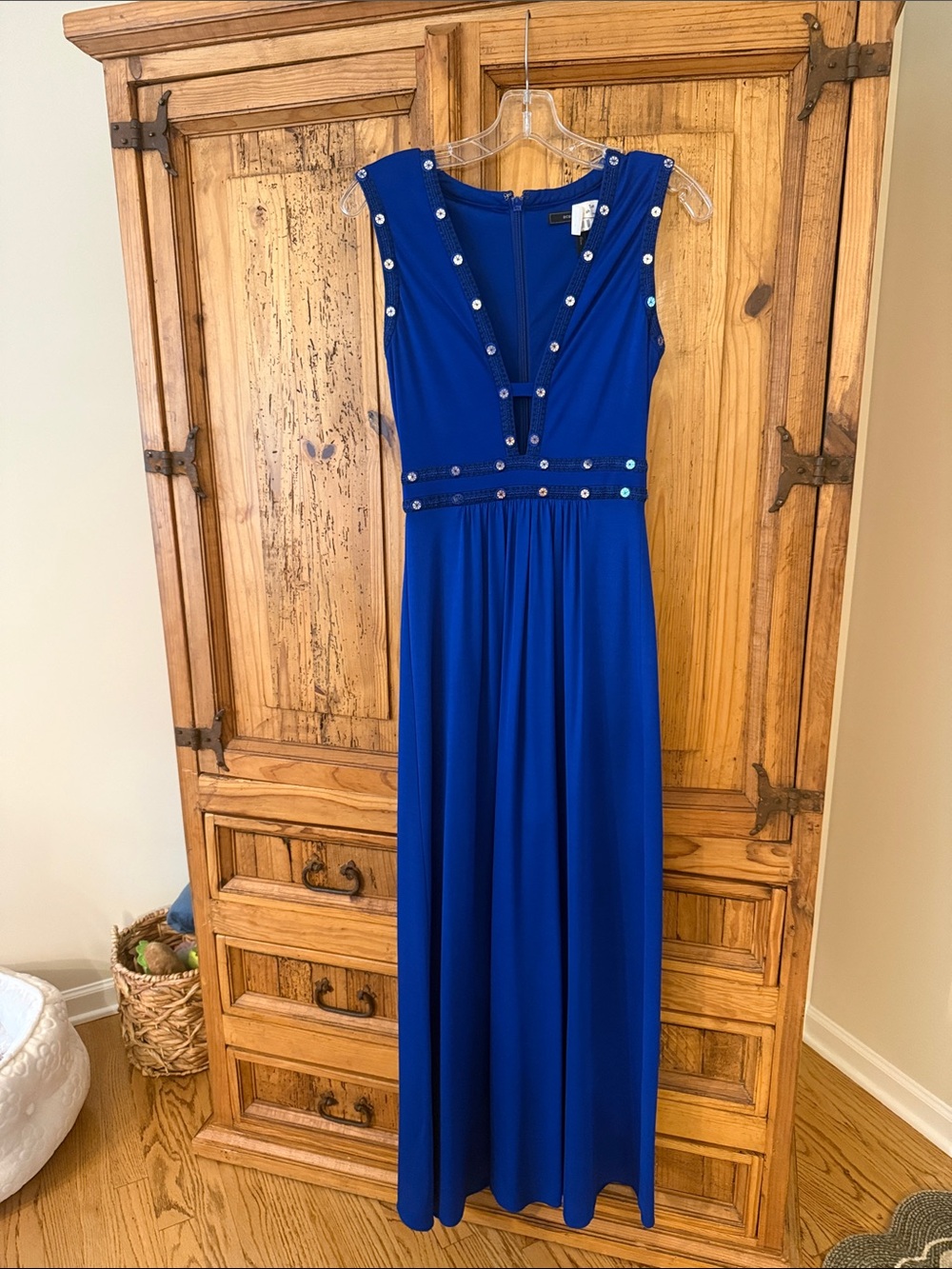 BCBGMaxAzria Cobalt Blue Sleeveless V-Neck Maxi Dress with Stud Accents